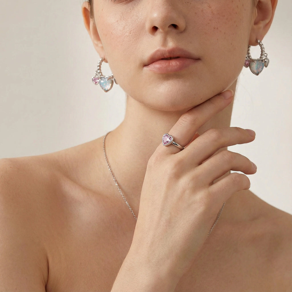 Opal Heart Charm Hoops